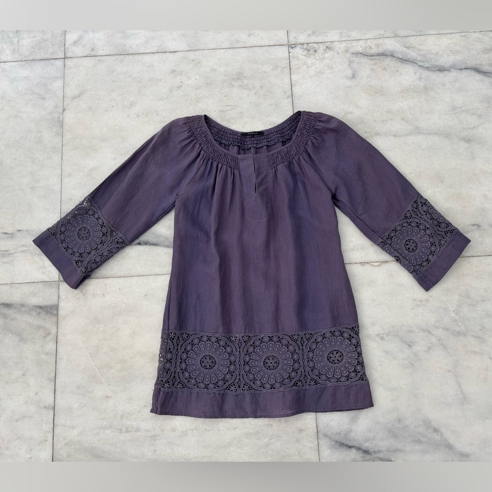 Azulu Anthropologie Tunic Purple Embroidered Linen Smocked Womens 2 Boho Hippie